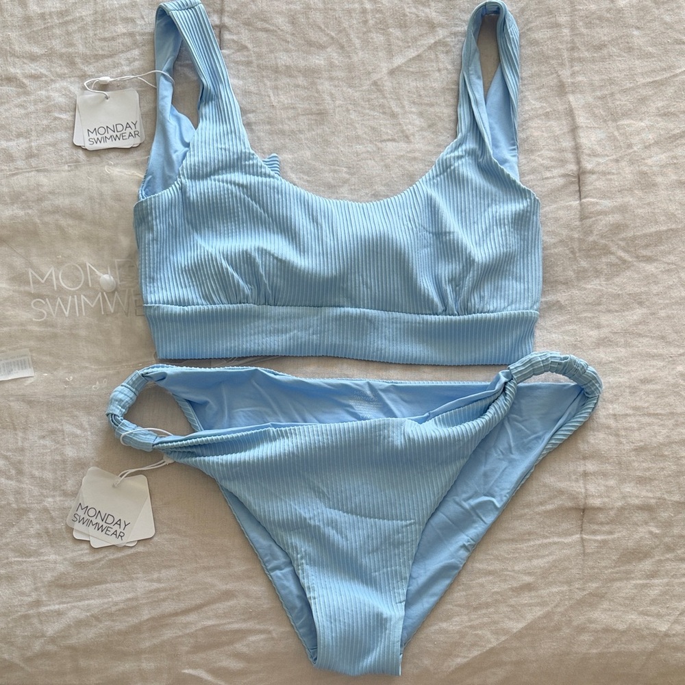 Monday Swimwear Sky Blue Rib Bikini Top and Bottoms NWT Jamaica and Tulum